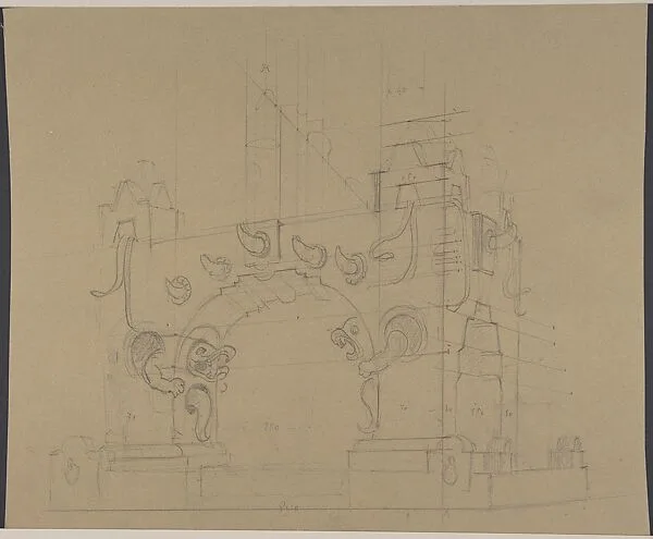 Project for Mesoamerican Style Arch with Grotesques and Horns. Verso: Sketch for a set design — Salvador Alarma Tastás