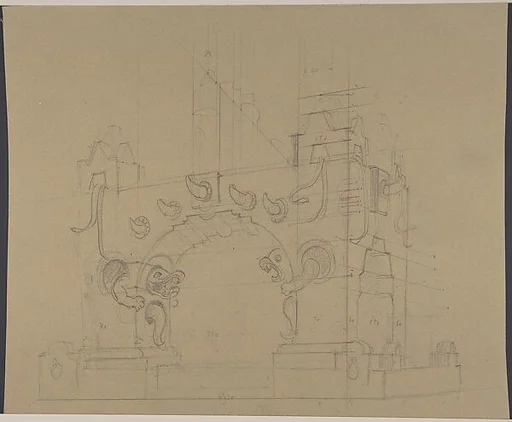 Project for Mesoamerican Style Arch with Grotesques and Horns. Verso: Sketch for a set design
