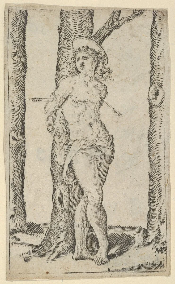 Saint Sebastian tied to tree pierced with arrows, from "Piccoli Santi" (Small Saints) — Marcantonio Raimondi