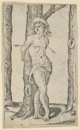 Saint Sebastian tied to tree pierced with arrows, from "Piccoli Santi" (Small Saints)