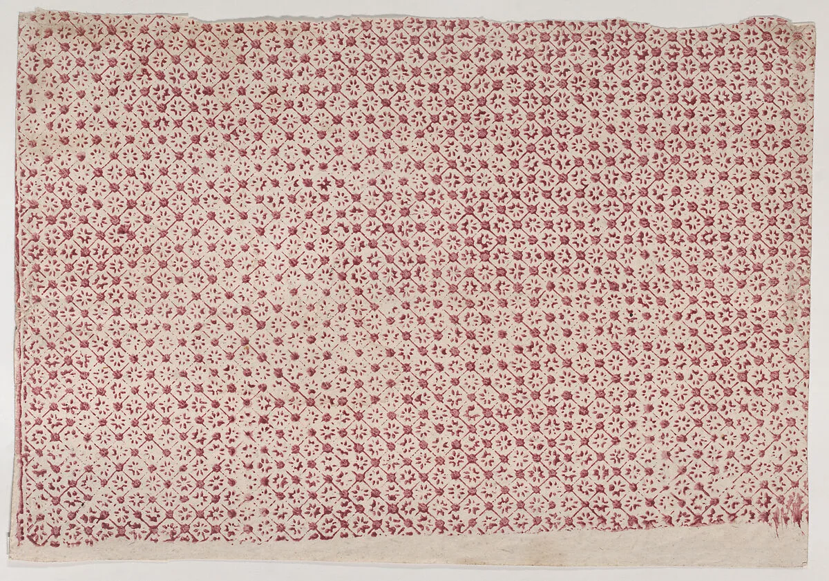 Sheet with a red geometric and floral pattern — Anonymous