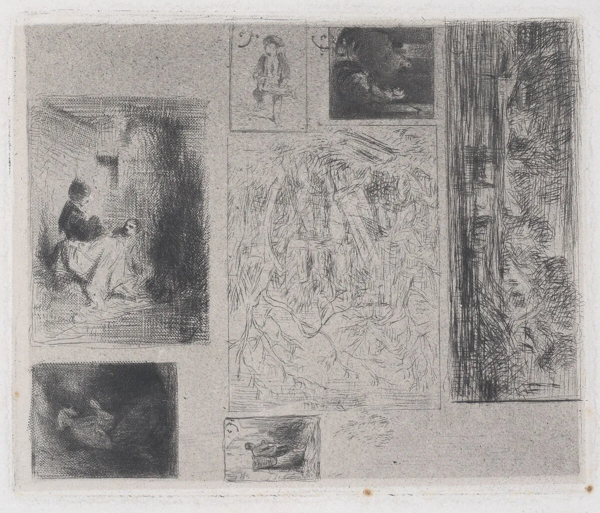 Composite plate: Woman and Children (a), Old Musician (b), Frying Merchant (c), Landscape (d), Landscape (e), Praying Monk (f), and Scavenger (g) — Charles Jacque