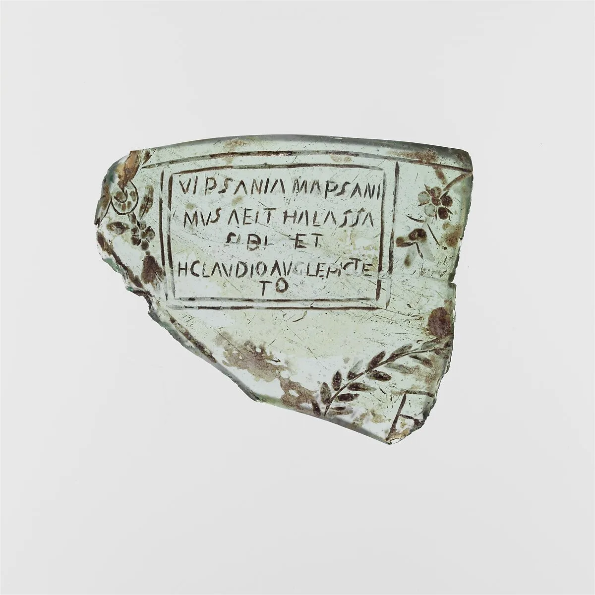 Glass bowl fragment with later inscription — Unknown