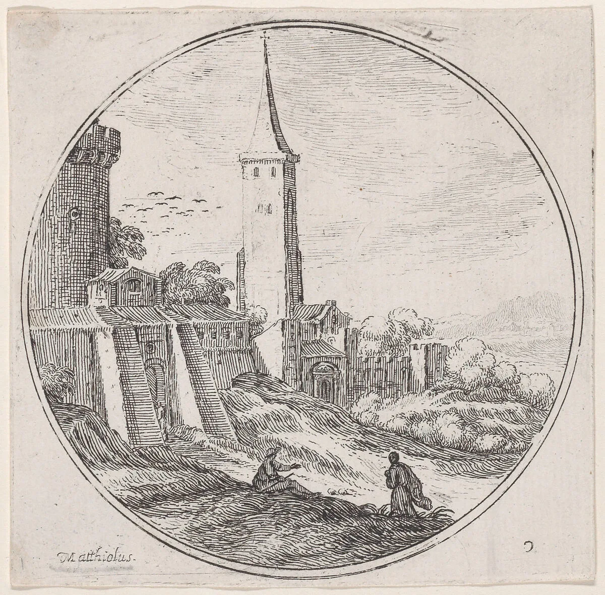 Plate 2: two figures outside of the walls of a town, a tower at center — Lodovico Mattioli