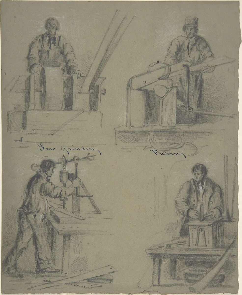Four drawings showing the manufacture of saws — Anonymous, British, 19th century
