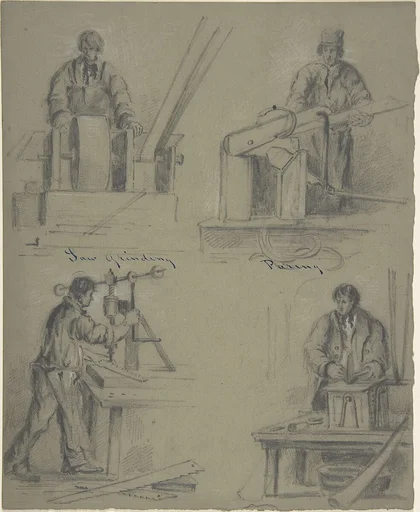 Four drawings showing the manufacture of saws