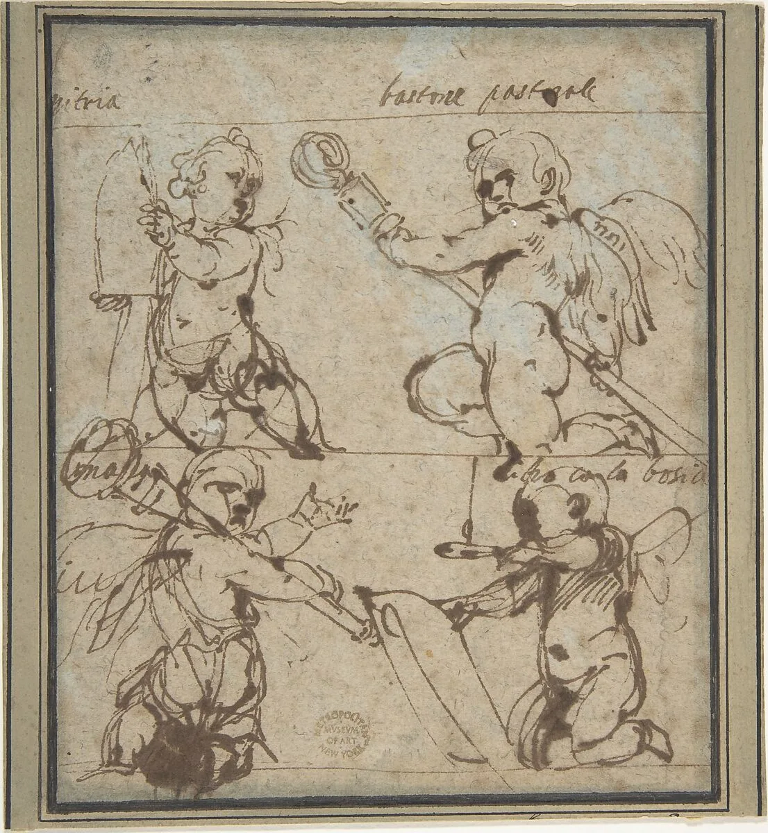 Putti with a Mitre, Crosier Mace, Book, and Candle — Daniele Crespi