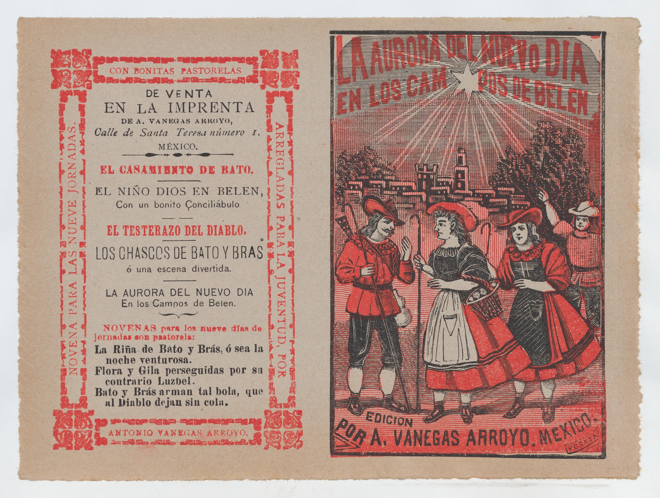Cover for 'La Aurora del Nuevo Dia en los Campos de Belen', villagers holding shepherd's hooks and walking in the countryside — Antonio Vanegas Arroyo|José Guadalupe Posada