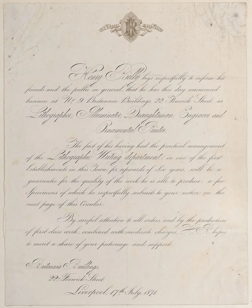 Trade card for Henry Rielly, lithographer, illuminator, draughtsman, engraver, and ornamental printer — Anonymous, British, 19th century