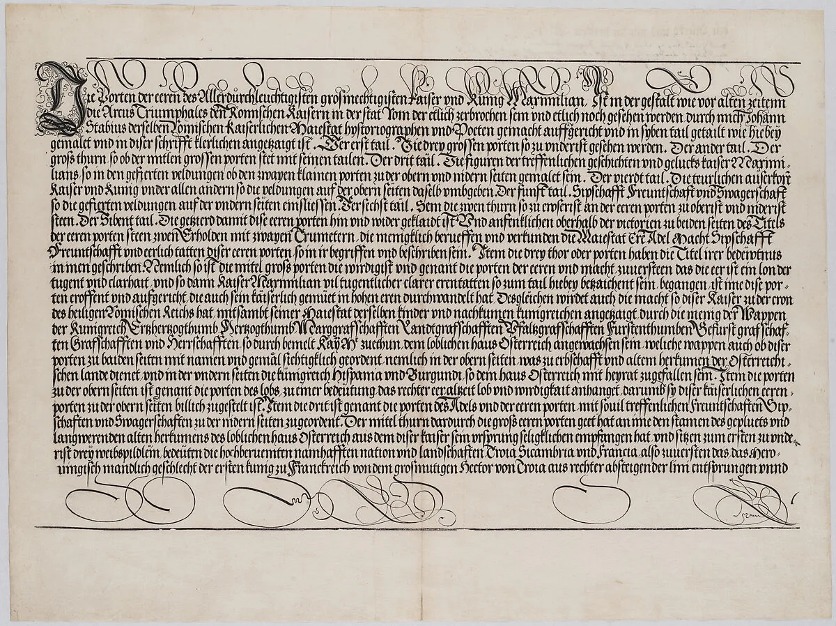 Explanatory Text, Part I, from the Arch of Honor, proof, dated 1515, printed 1517-18 — Johann Neudörffer the Elder|Hieronymus Andreae