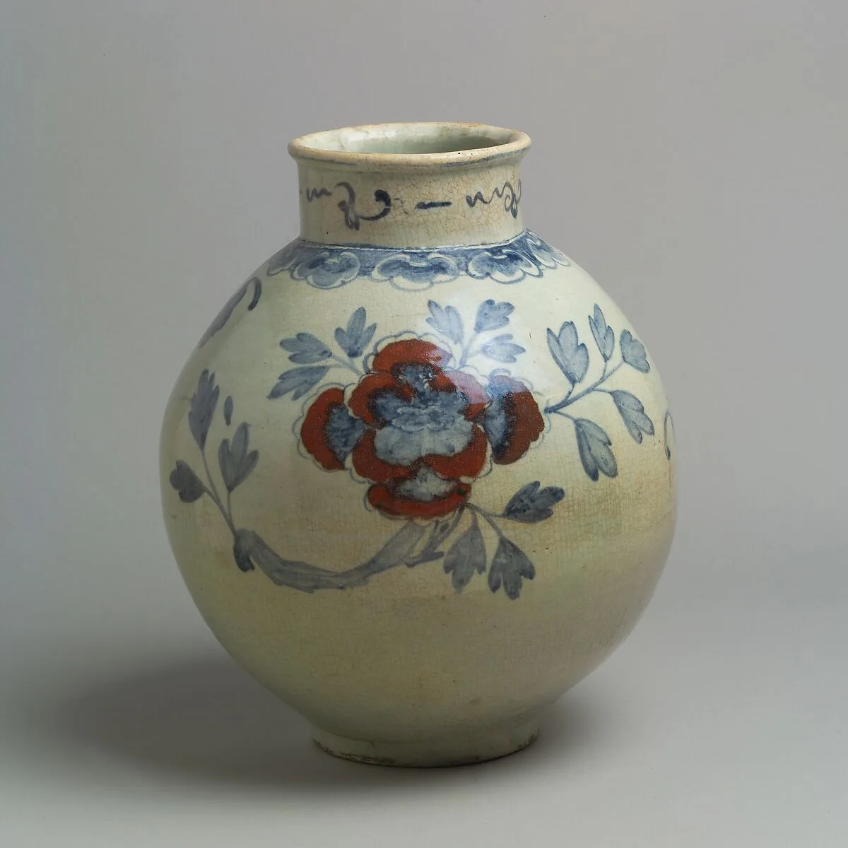 백자 청화 동화 모란 무늬 항아리 조선 |白磁靑畫銅畫牡丹文 壺 朝鮮|Large jar decorated with peonies — Unknown