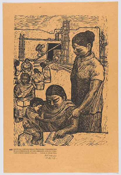 Plate 60: the benefits of education instigated through the programmes of Alvaro Obregon (1920-23) and Plutarco Elias Calles (1924-28), from the portfolio 'Estampas de la revolución Mexicana' (prints of the Mexican Revolution) — Alfredo Zalce|Taller de Gráfica Popular