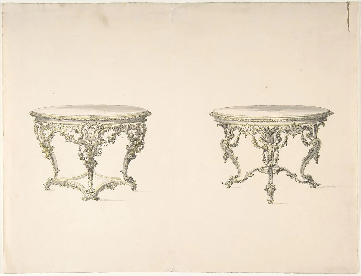 Design for Two Round Tables with Foliate Rococo Style Carving — Anonymous, British, 19th century