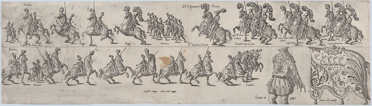 Plate depicting Giovanni Orsino, from a series of twelve showing knights and their attendants dressed for a tournament (plate 7) — Anonymous