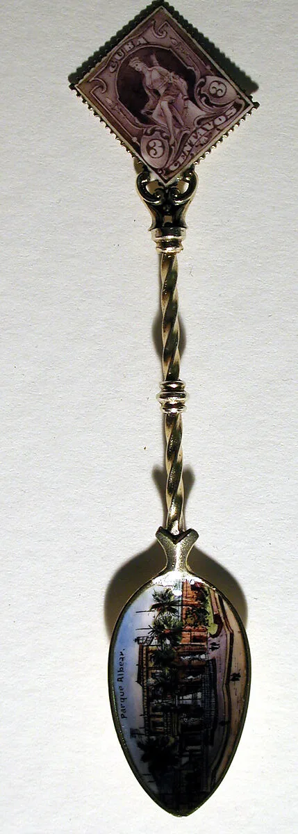 Souvenir spoon with view of Parque Albear and finial in form of a postage stamp — Unknown