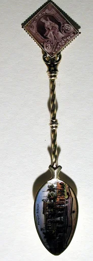 Souvenir spoon with view of Parque Albear and finial in form of a postage stamp