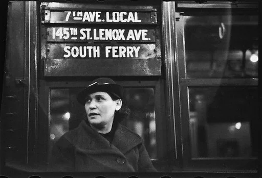 [Three 35mm Film Frames: Subway Passengers, New York City: Woman in Hat Beneath "7th Ave Local" Sign, Woman in Scarf and Fur Collar]