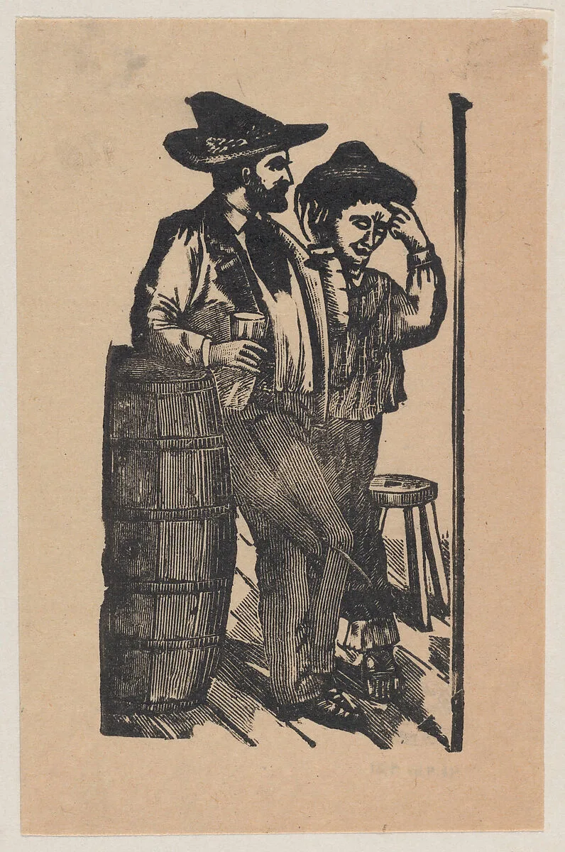 Two men leaning on a barrel and drinking — José Guadalupe Posada|Manuel Manilla
