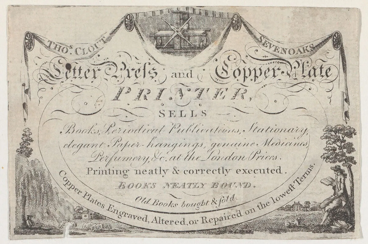 Trade card for Thomas Clout, printer — Anonymous, British, 18th century