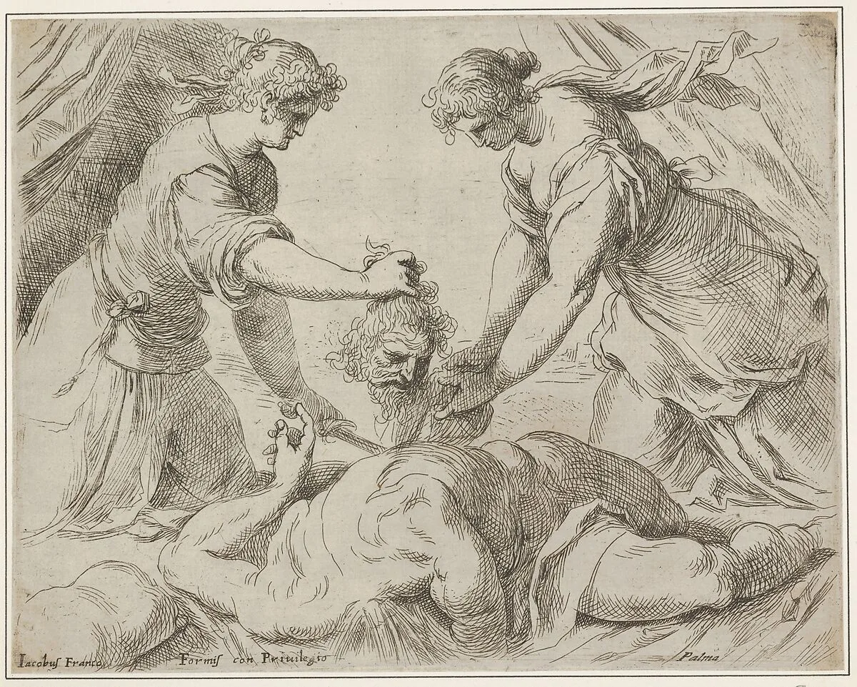Judith placing the head of Holofernes onto a cloth held by another female figure, the foreshortened body of Holofernes gushes with blood from the neck — Jacopo Palma the Younger