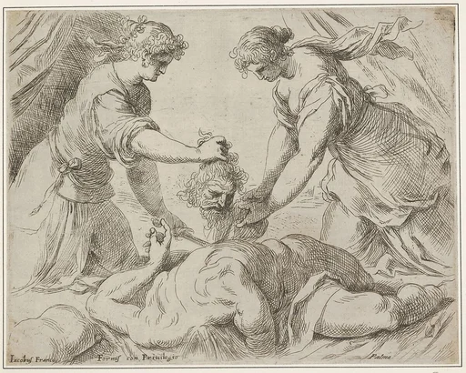 Judith placing the head of Holofernes onto a cloth held by another female figure, the foreshortened body of Holofernes gushes with blood from the neck