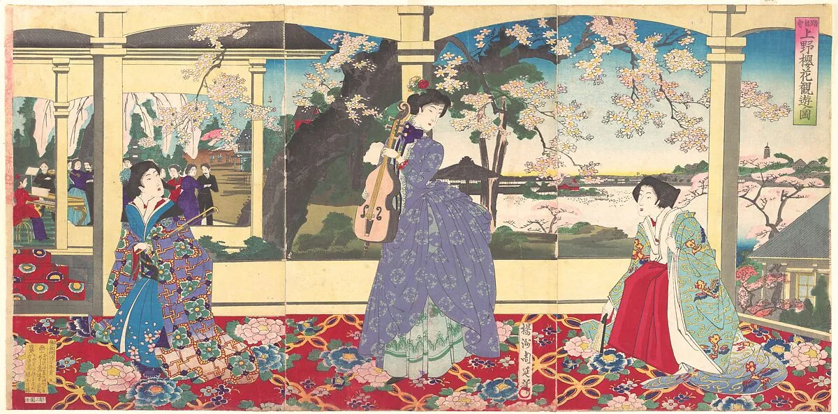 『踏舞会 上野桜花観 遊ノ図』|A Dance Party: Enjoying Cherry Blossom Viewing at Ueno (Tōbukai Ueno ōka yūran no zu) — Yōshū (Hashimoto) Chikanobu