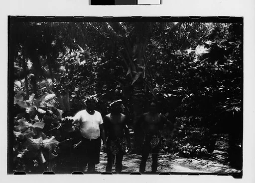 [Five 35mm Film Frames: South Seas: Unidentified Group on Shore, Unidentified Man in Sarong on Shore, Polly Campbell on Deck of Cressida, Boat in Harbor Through Plantings, From Shore]