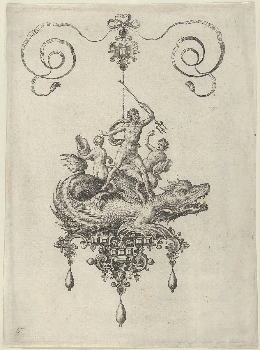 Pendant Design with a Sea Monster Carrying Neptune Flanked by Two Figures with Horns — Jan Collaert I|Philips Galle|Adriaen Collaert