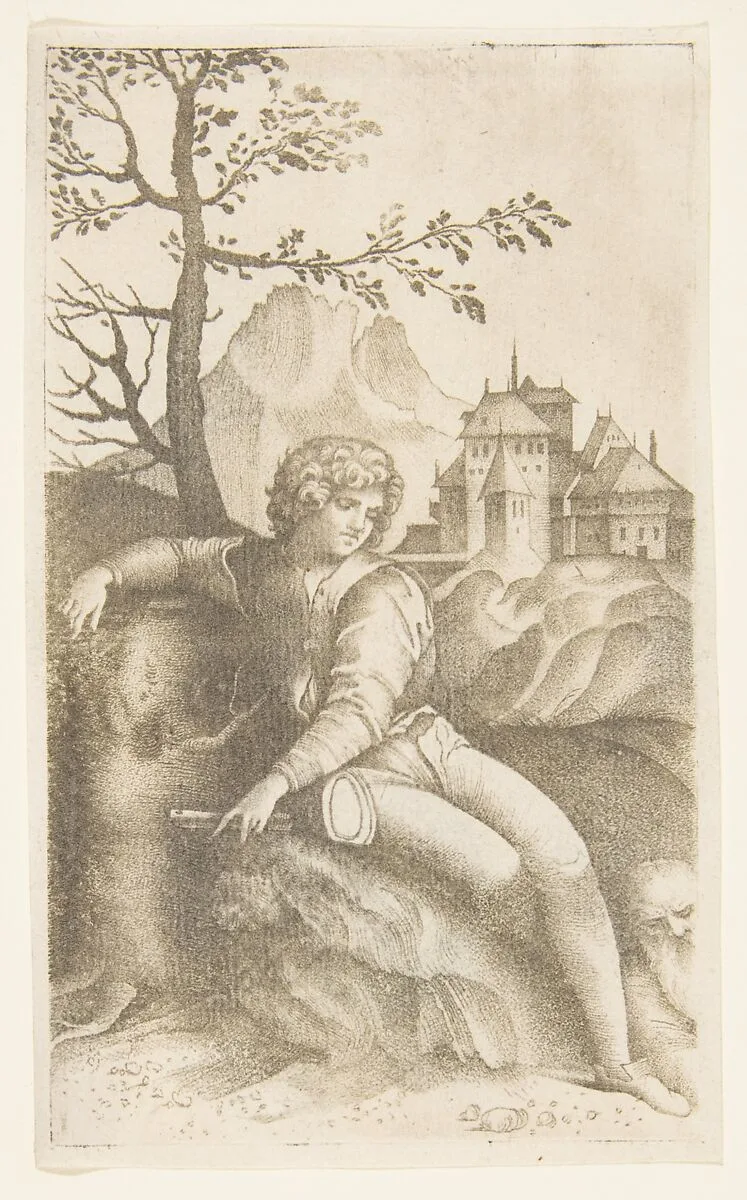 Young shepherd seated in a landscape looking toward an old man in the lower right, buildings in the background and a tree and mountain at left — Giulio Campagnola|Giorgione
