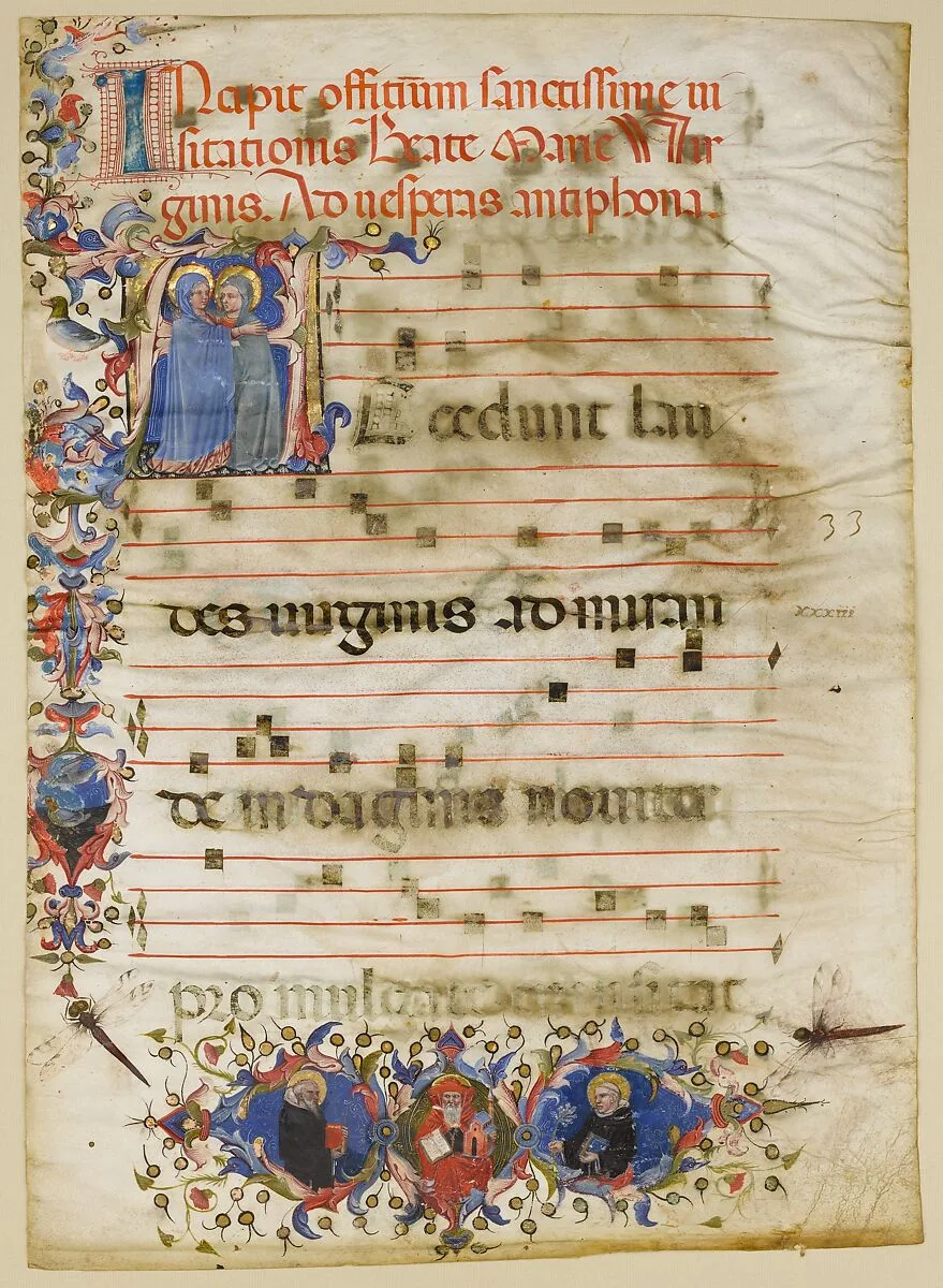 Manuscript Leaf with the Visitation in an Initial A and Cardinal Adam Easton with a Dominican Saint and Saint Dominic, from an Antiphonary — Unknown