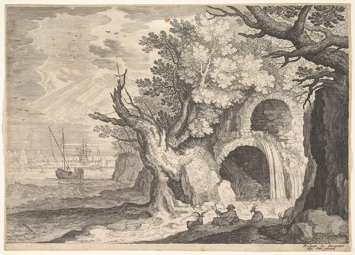 Ruined aqueduct with water spilling from it to a stream below, ships at sea beyond, a man reclining on the ground with three goats in the foreground, from the series 'Six landscapes in Tyrol' after Roelandt Savery — Aegidius Sadeler II|Roelandt Savery