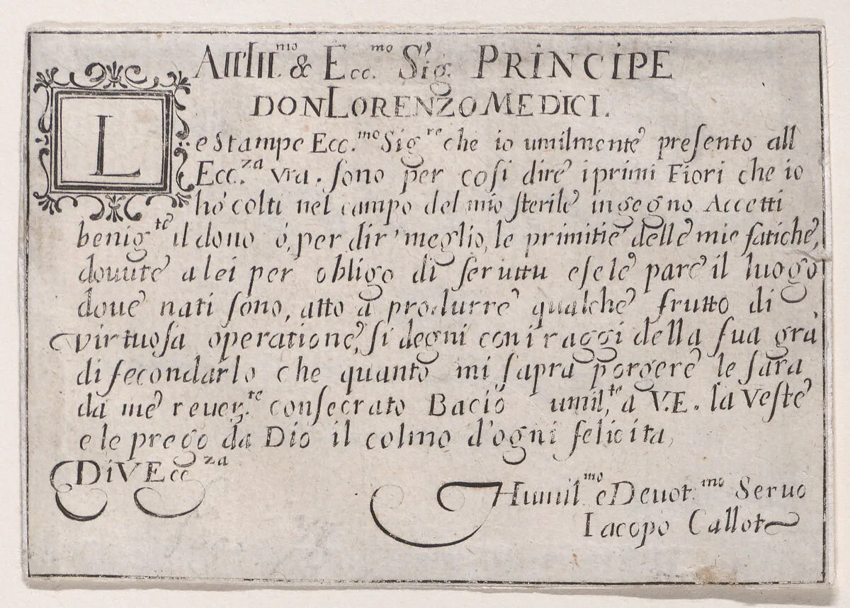 Dedication to Lorenzo de'Medici, from Les Caprices Series B, The Nancy Set — Jacques Callot|Lorenzo de' Medici