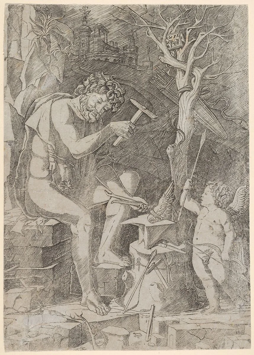 Vulcan seated forging Cupid's wing — Nicoletto da Modena