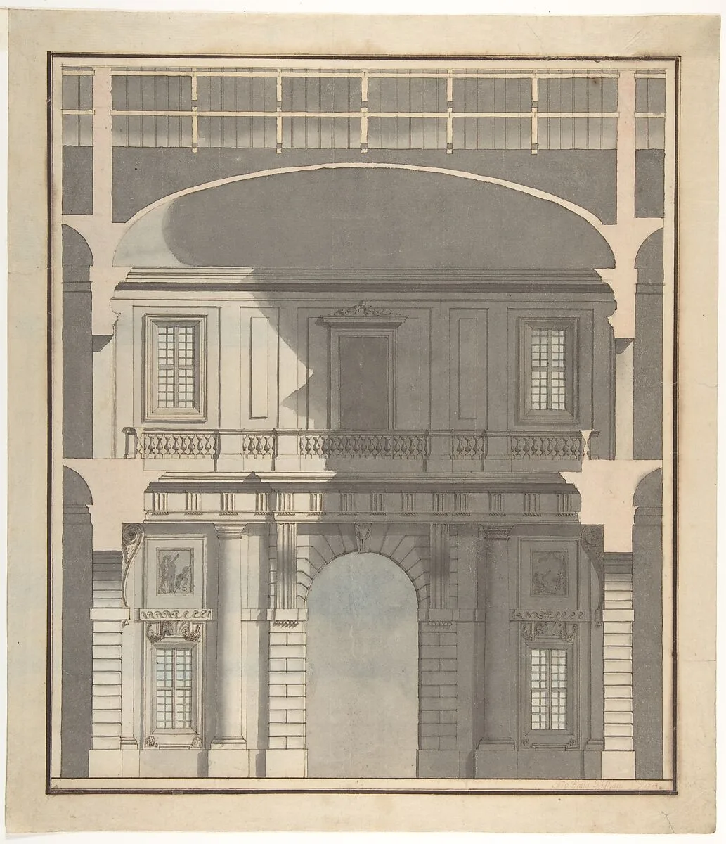 Design for a Stage Set: Design in Section of a Two-Storied Entrance Hall (Recto). Elevation Design for a Monumental Entrance with Columns and Rounded Pediment (Verso). — Giovanni Battista Galliani