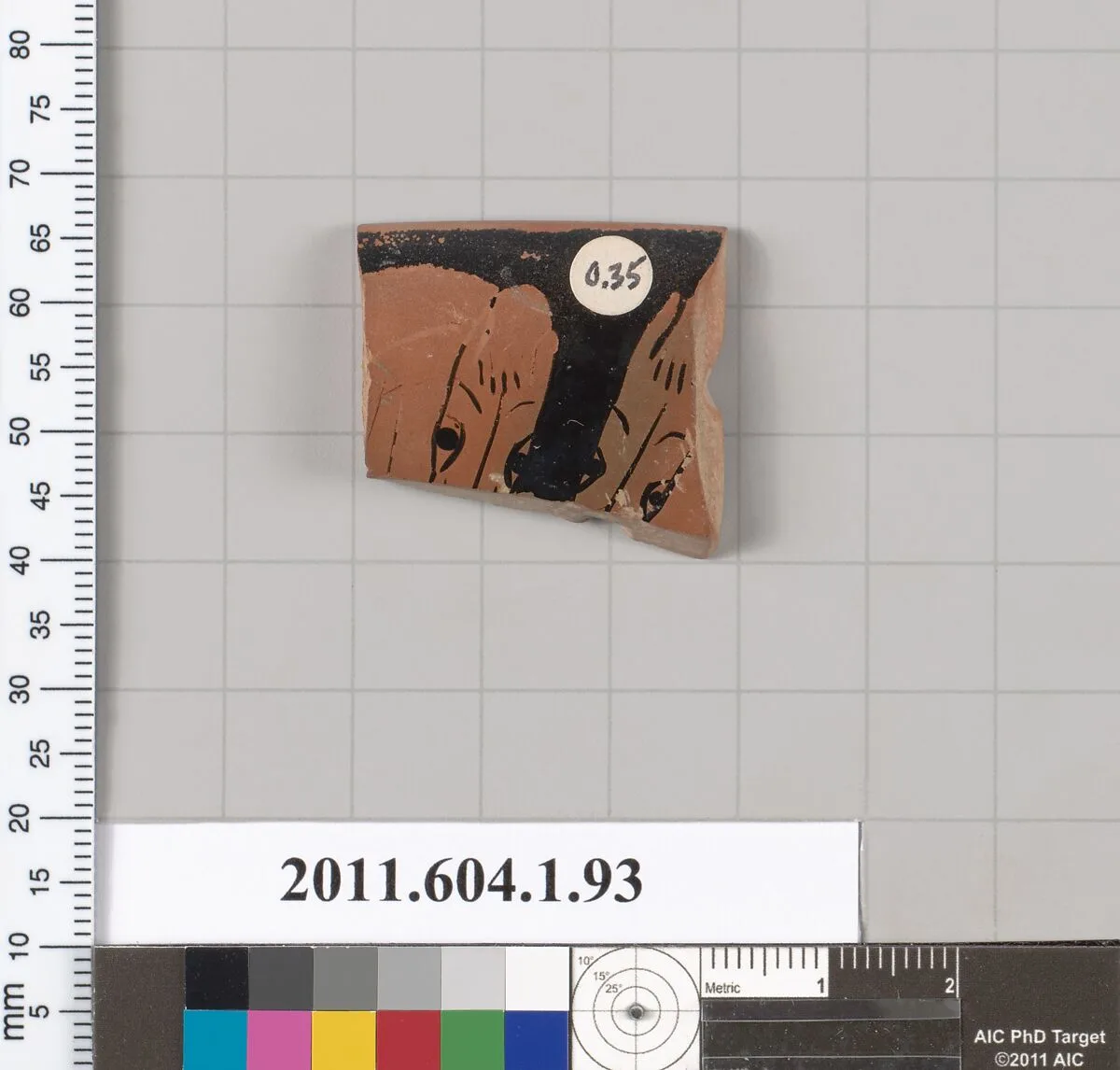 Terracotta rim fragment of a kylix (drinking cup) — Painter of London D 12