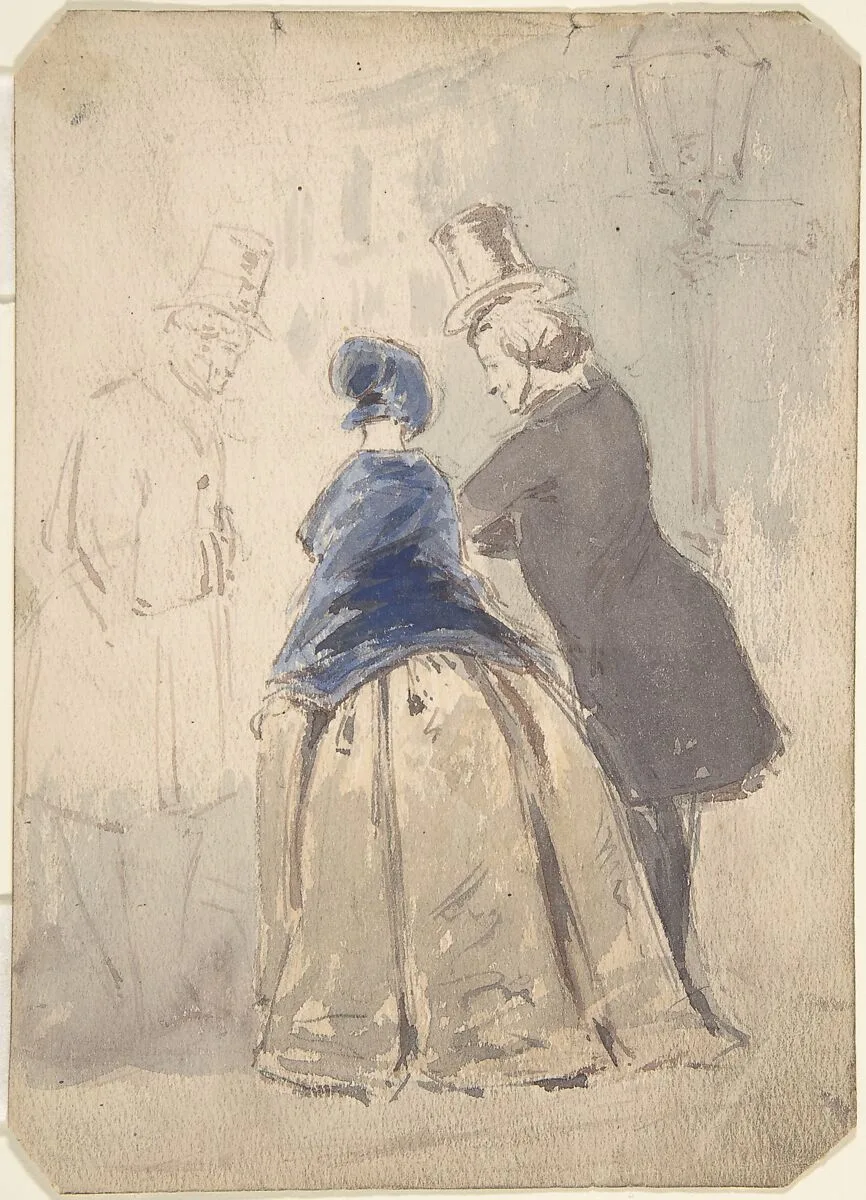 Street Scene from Vanity Fair, with Amelia, George Osborne and Dobbin (recto); Sketch of Young Woman (verso) — William Makepeace Thackeray|Jerry Barret