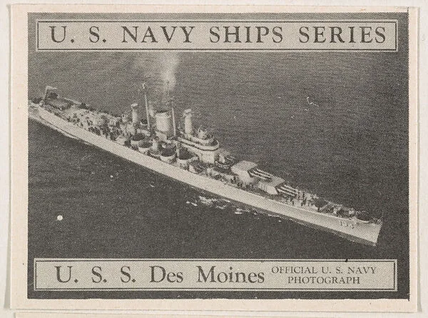 U. S. S. Des Moines, bakery card from the U. S. Planes and Warships series (D85) — Purity Pretzel Company