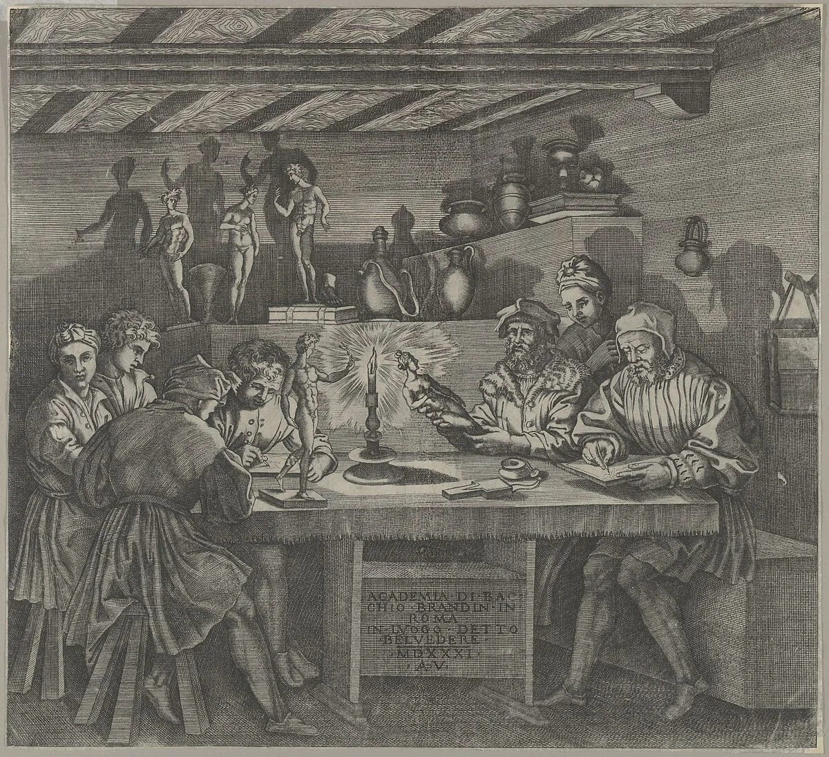 Baccio Bandinelli in his studio holding a statuette of Venus, students sketching from a model by candlelight — Baccio Bandinelli|Agostino Veneziano (Agostino dei Musi)