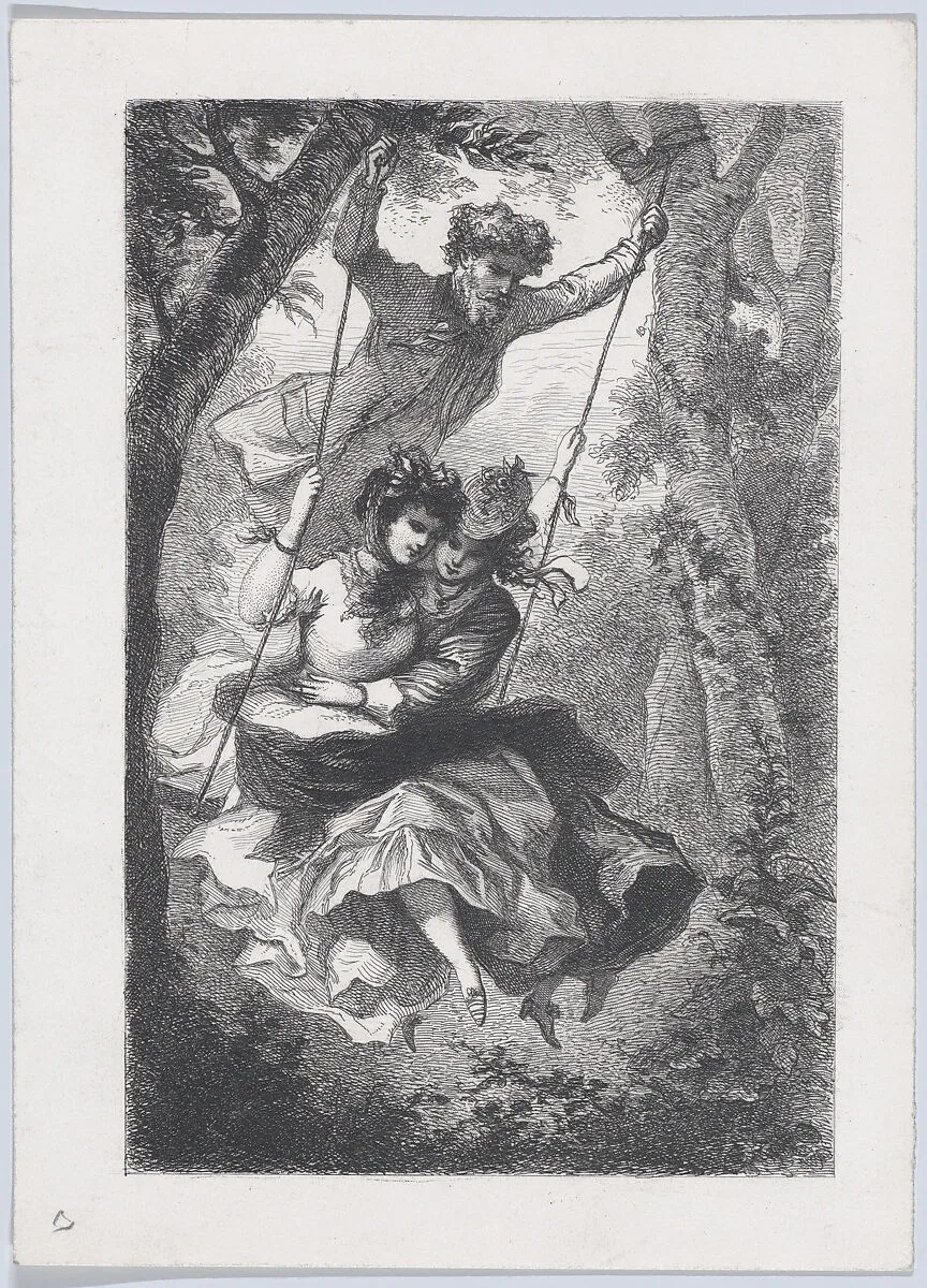 A Man Pushing Two Women on a Swing — J. Cariven