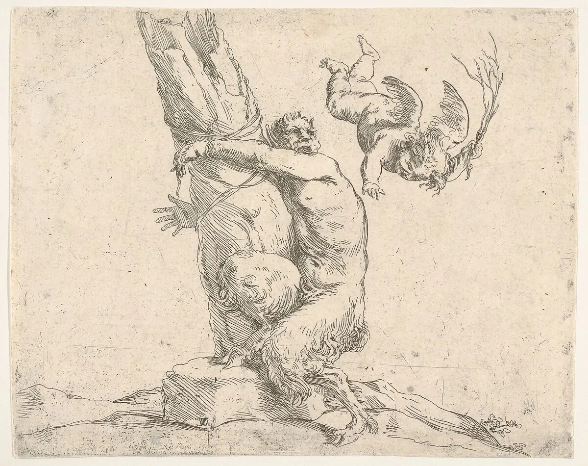 A winged putto flogging a satyr tied to a tree — Jusepe de Ribera (called Lo Spagnoletto)