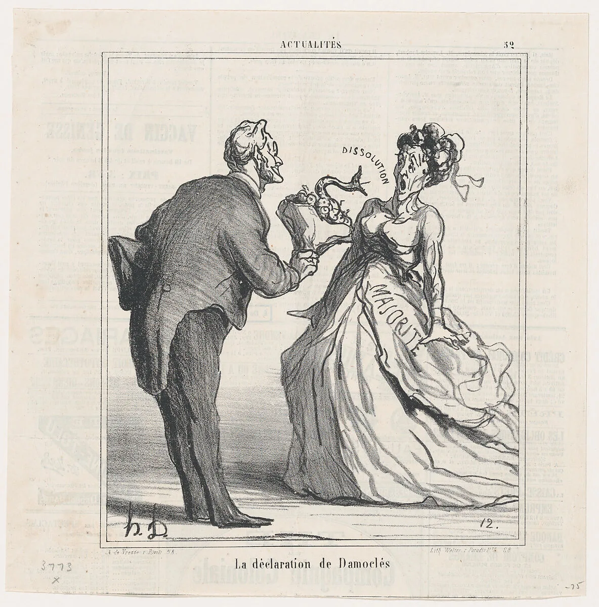 The declaration of Damocles, from 'News of the day,' published in Le Charivari, March 25, 1870 — Arnaud de Vresse|Walter Frères|Honoré Daumier|Emile Ollivier