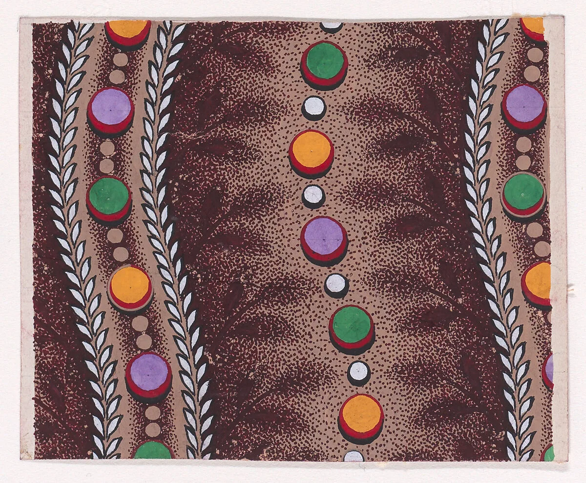 Textile Design with Vertical Undulating Ribbons Framed by Garlands of Stylized Leaves and with Pearls and Dots Running Along the Middle and with Offsetting Branches with Stylized Leaves Separated by Undulating Strips of Alternating Pearls — Anonymous, Alsatian, 19th century