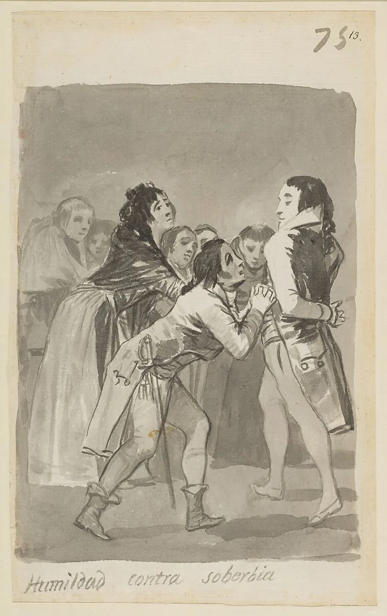 'Humility versus Pride' a young man imploring an older man with other figures in front of them; folio 75 (recto) from the Madrid Album 'B' — Goya (Francisco de Goya y Lucientes)