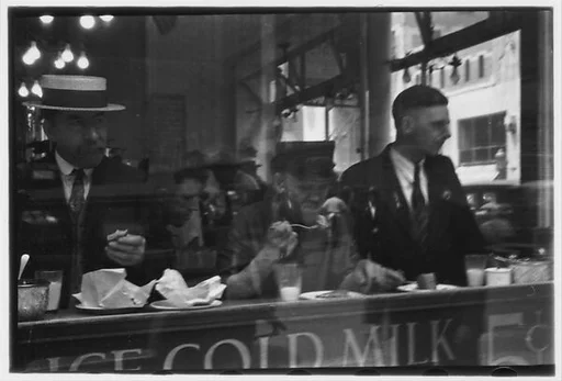 [Two 35mm Film Frames: Men Eating at Lunch Counter Window, Lexington Avenue, New York City]