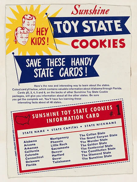 Sunshine Toy State Cookies packaging featuring card No. 1 in series, includes Alabama, Arizona, Arkansas, California, Colorado, Connecticut, Delaware, Florida (D74); issued by Sunshine Biscuits Inc. — Sunshine Biscuits, Inc.