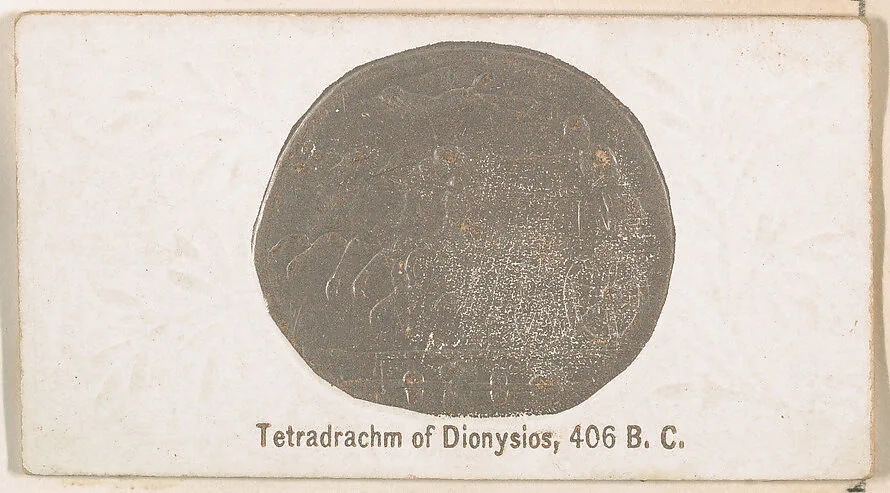 Tetradrachm of Dionysios, 406 B.C., from the Ancient Coins series (N180) issued by Wm. S. Kimball & Co. — William S. Kimball & Company