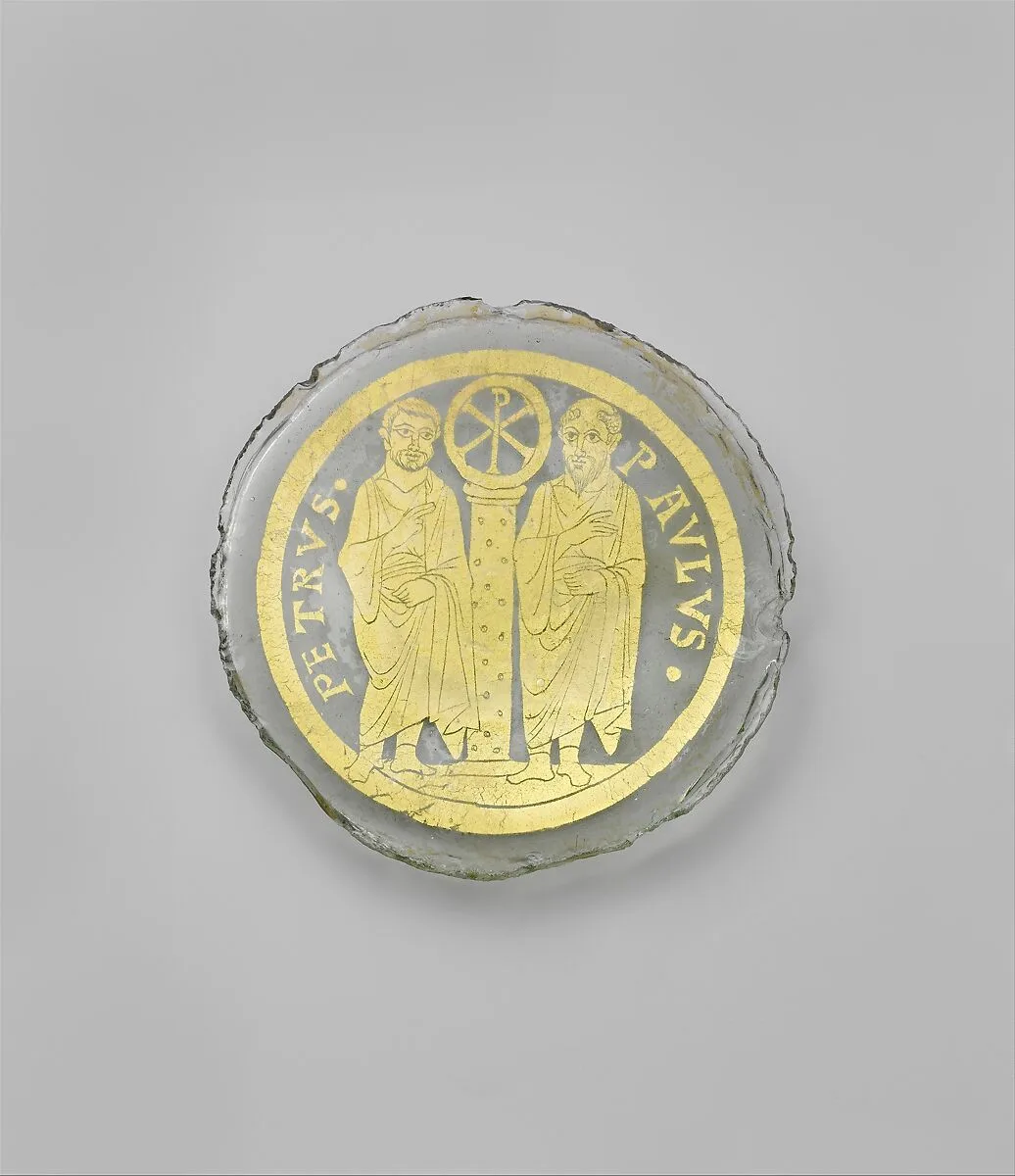 Bowl Base with Saints Peter and Paul Flanking a Column with the Christogram of Christ — Unknown