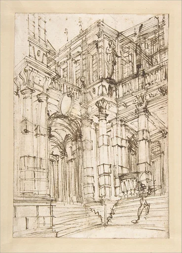 Sketch for a Stage Set: Foreshortened View of a Palace with a Figure on the Stairs.