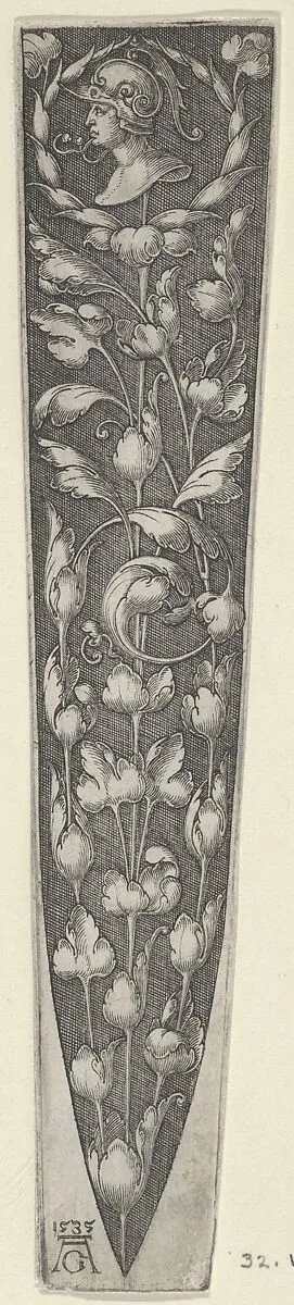 Dagger Sheath with Profile of a Soldier Supported by Tendrils — Heinrich Aldegrever