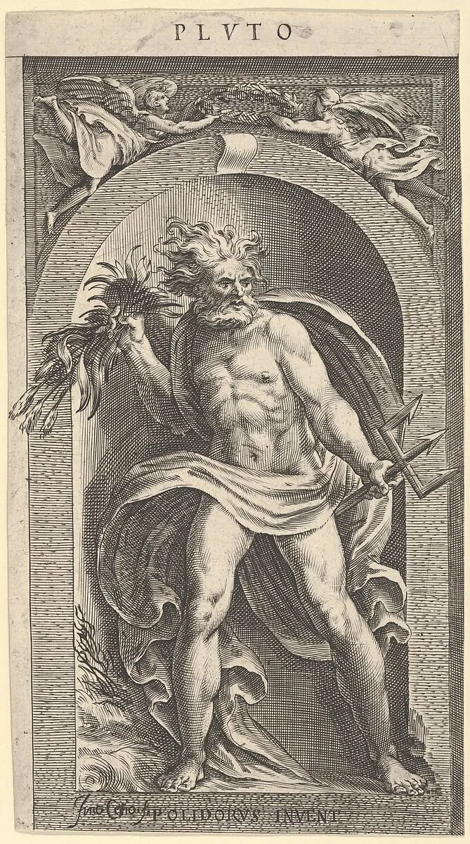 Neptune standing in a niche holding a trident in his left hand, foliage in his right — Cherubino Alberti (Zaccaria Mattia)|Polidoro da Caravaggio